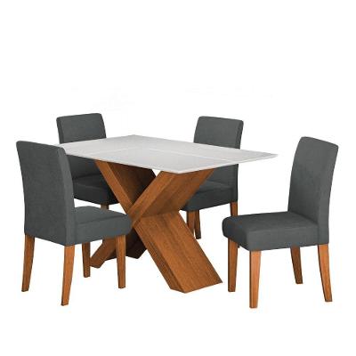 Conjunto de Mesa Sala de Jantar Grécia 4 Lugares Tampo em MDF com Vidro Grafite 136cm
