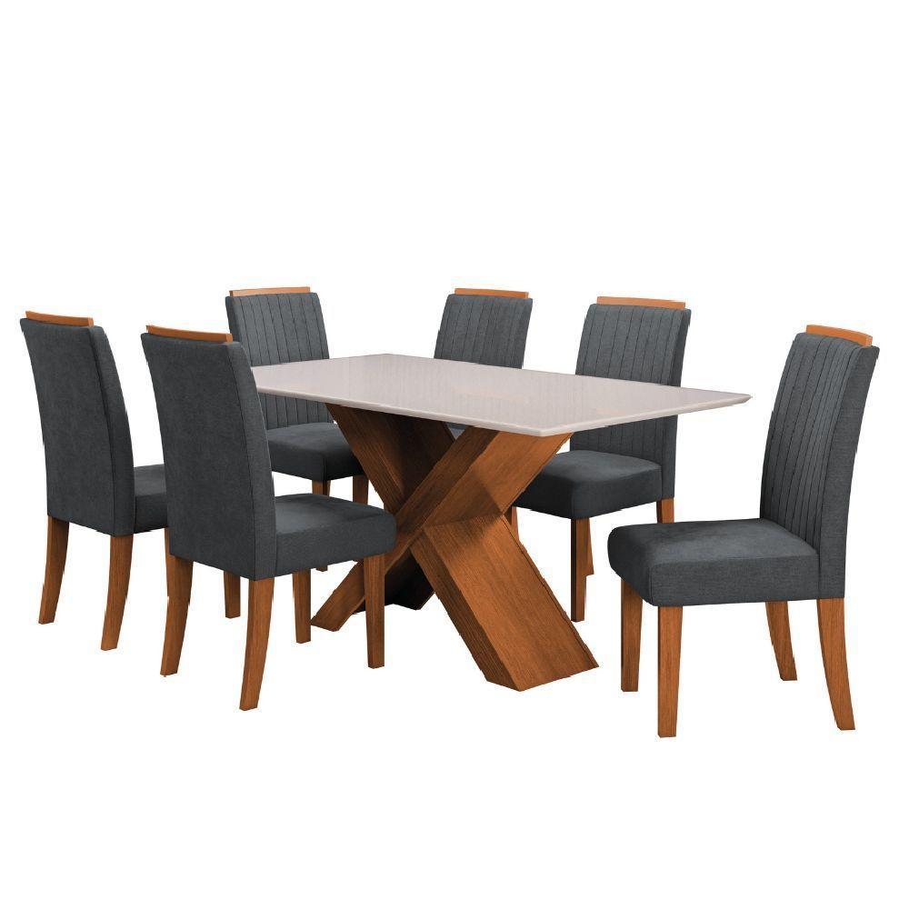 Conjunto De Mesa Sala De Jantar Tampo Com Vidro 1,60m 6 Cadeiras Grécia Dobuê Madeirado/grafite - 1