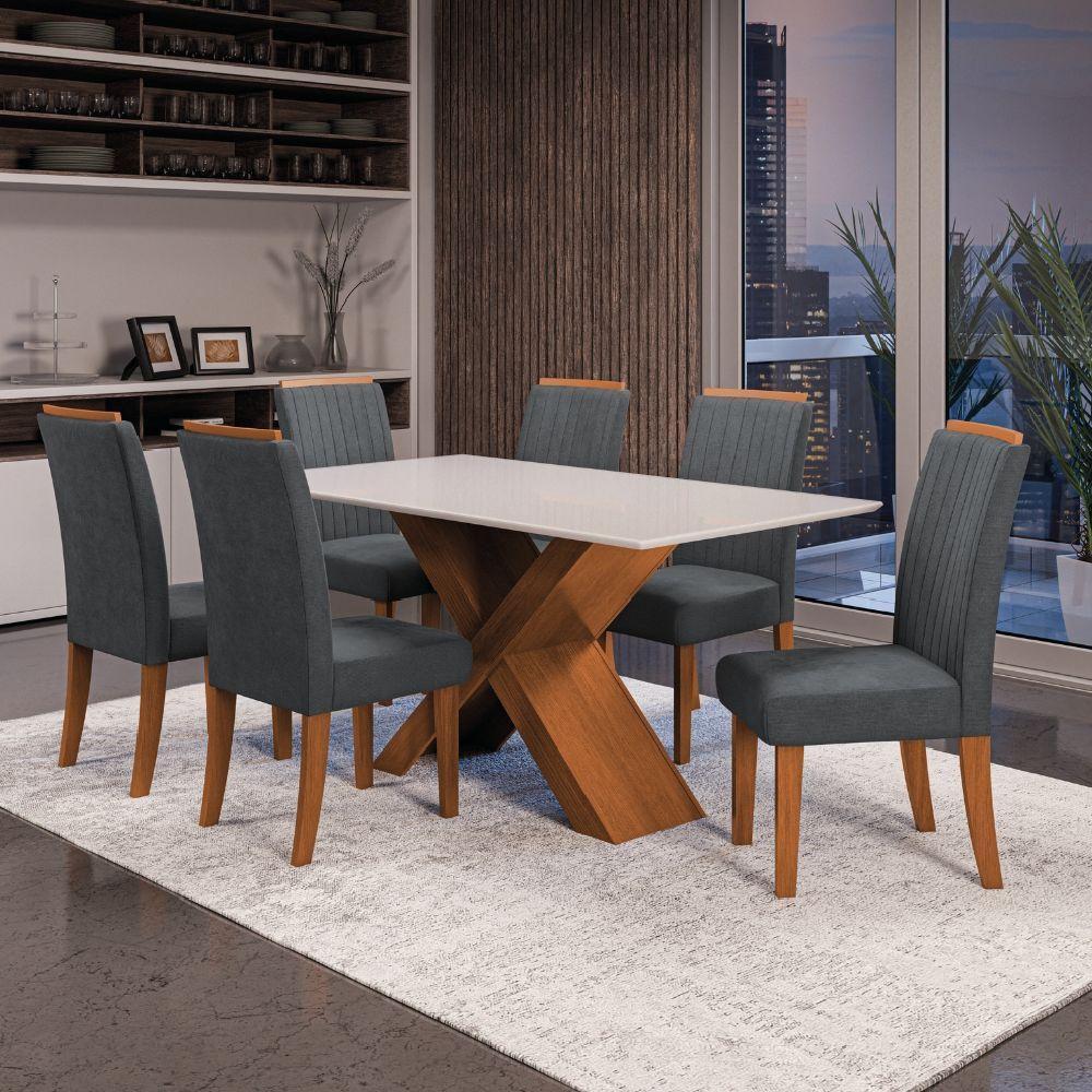 Conjunto De Mesa Sala De Jantar Tampo Com Vidro 1,60m 6 Cadeiras Grécia Dobuê Madeirado/grafite - 3