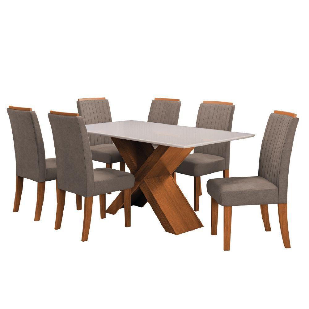 Conjunto De Mesa Sala De Jantar Tampo Com Vidro 1,60m 6 Cadeiras Grécia Dobuê Madeirado/mascavo - 1