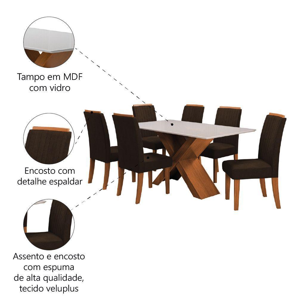 Conjunto De Mesa Sala De Jantar Tampo Com Vidro 1,60m 6 Cadeiras Grécia Dobuê Madeirado/chocolate - 2