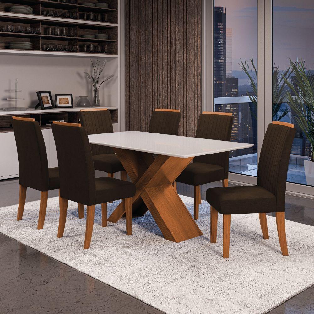 Conjunto De Mesa Sala De Jantar Tampo Com Vidro 1,60m 6 Cadeiras Grécia Dobuê Madeirado/chocolate - 4