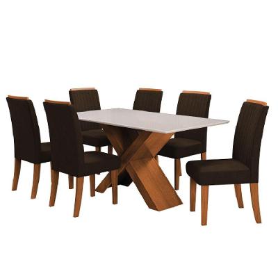 Conjunto De Mesa Sala De Jantar Tampo Com Vidro 1,60m 6 Cadeiras Grécia Dobuê Madeirado/chocolate