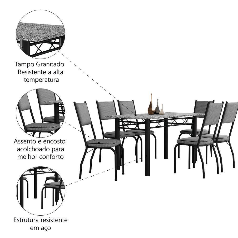 Conjunto Sala De Jantar Mesa Tampo Granito 1,40m Com 6 Cadeiras Diana Artefamol Preto/Platina - 5
