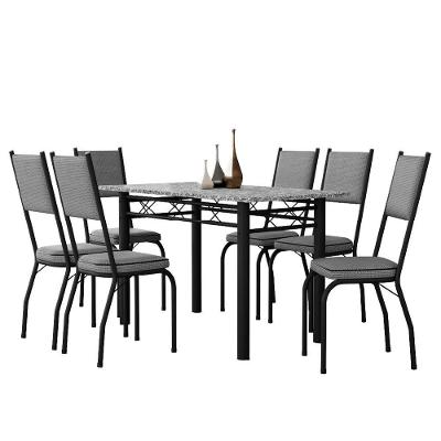 Conjunto Sala De Jantar Mesa Tampo Granito 1,40m Com 6 Cadeiras Diana Artefamol Preto/Platina