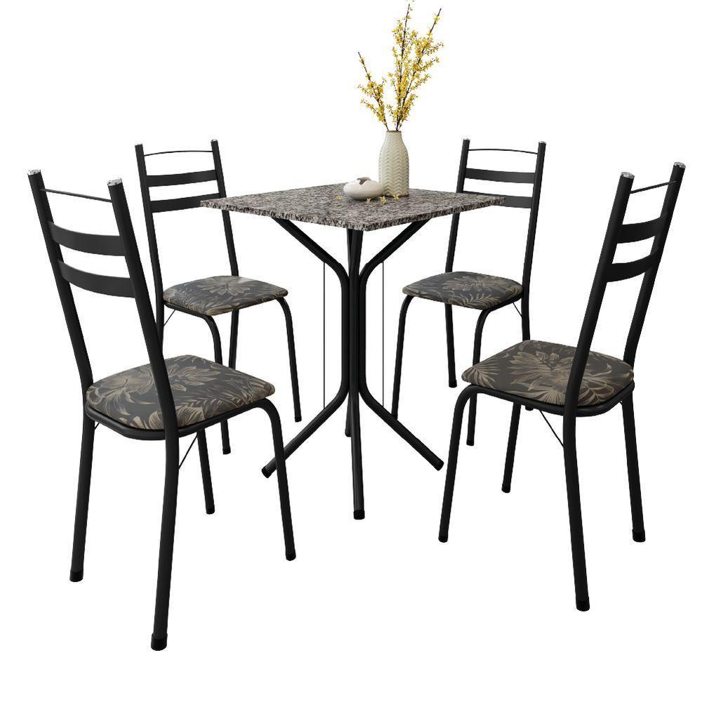 Conjunto De Mesa Sala De Jantar Com 4 Cadeiras Leia Tubular Granito Artefamol Preto/flor - 1