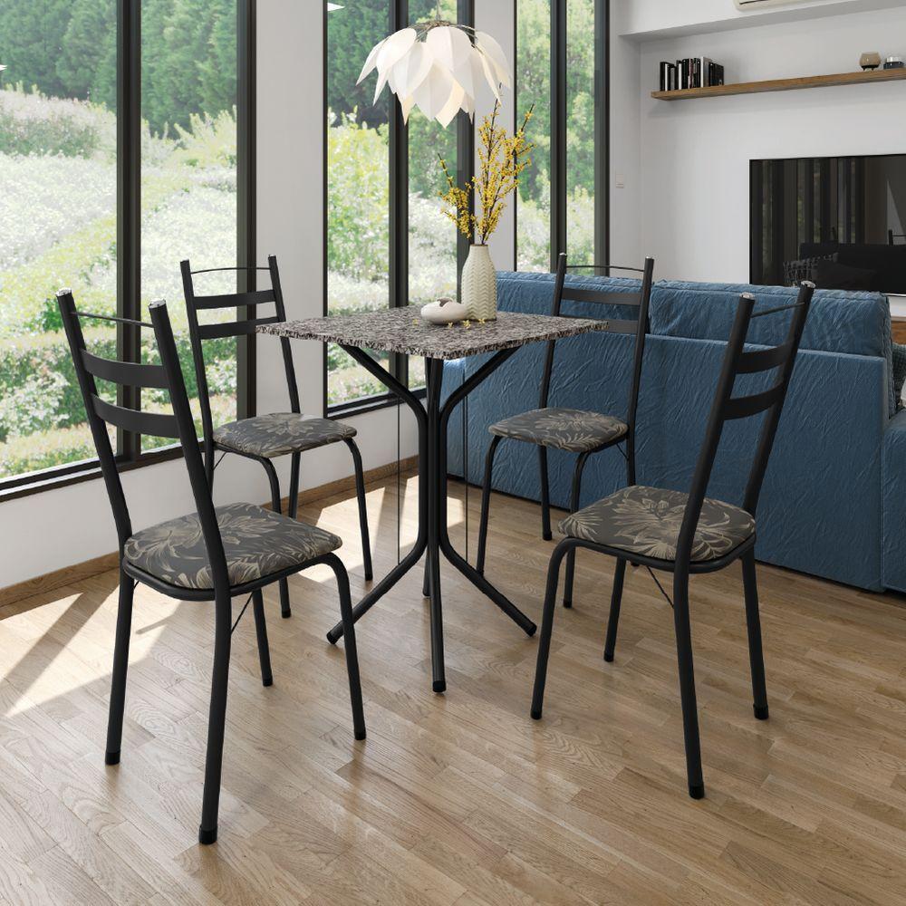 Conjunto De Mesa Sala De Jantar Com 4 Cadeiras Leia Tubular Granito Artefamol Preto/flor - 2