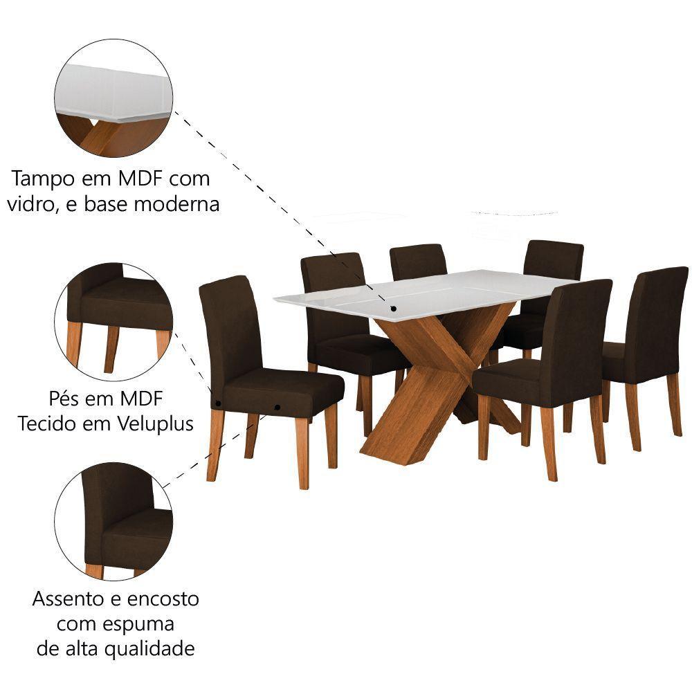 Conjunto De Mesa Sala De Jantar Tampo Com Vidro 1,60m Grécia 6 Cadeiras Trieste Dobuê Madeirado/chocolate - 5