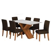 Conjunto De Mesa Sala De Jantar Tampo Com Vidro 1,60m Grécia 6 Cadeiras Trieste Dobuê Madeirado/chocolate - 1