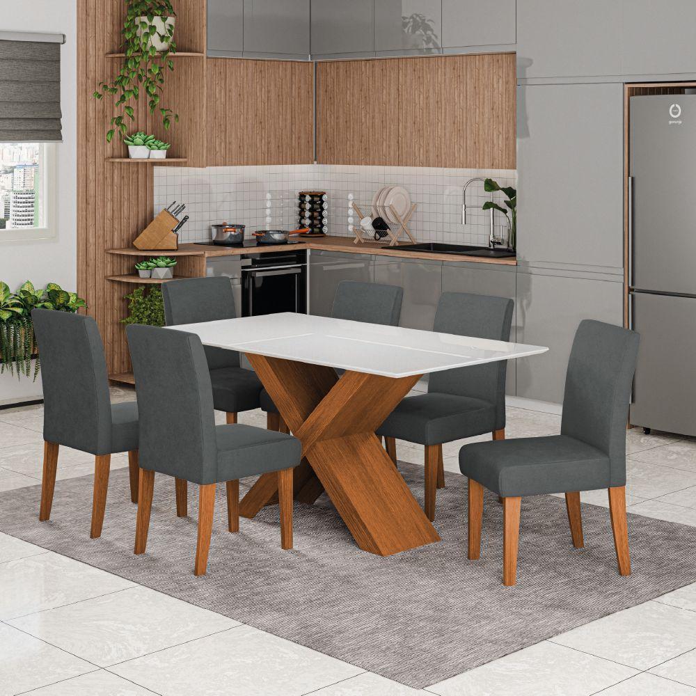 Conjunto De Mesa Sala De Jantar Tampo Com Vidro 1,60m Grécia 6 Cadeiras Trieste Dobuê Madeirado/grafite - 2