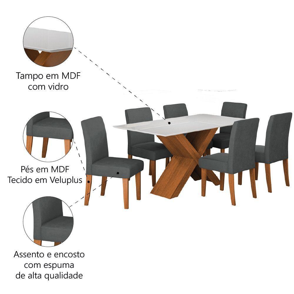 Conjunto De Mesa Sala De Jantar Tampo Com Vidro 1,60m Grécia 6 Cadeiras Trieste Dobuê Madeirado/grafite - 5