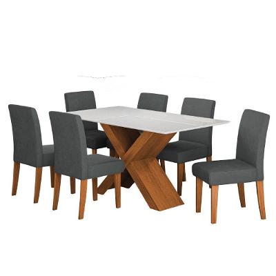 Conjunto de Jantar Grécia 6 Lugares Tampo em MDF com Vidro Temperado Amadeirado Grafite 160cm