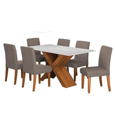 Conjunto de Mesa Sala de Jantar Grécia 6 Lugares Tampo em MDF com Vidro Temperado Amadeirado 160cm