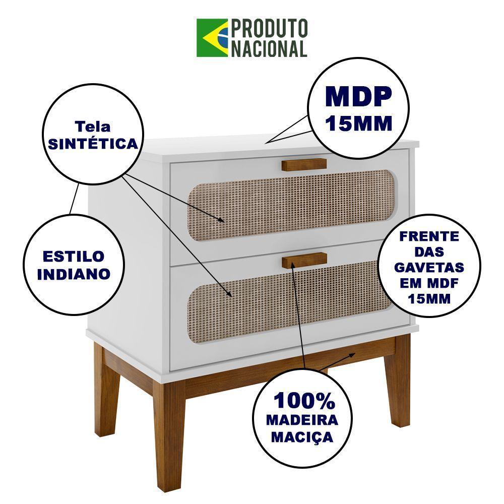 Mesa De Cabeceira Quarto 2 Gavetas Santorini 60 Cm Com Telinha Indiana Branco - 2