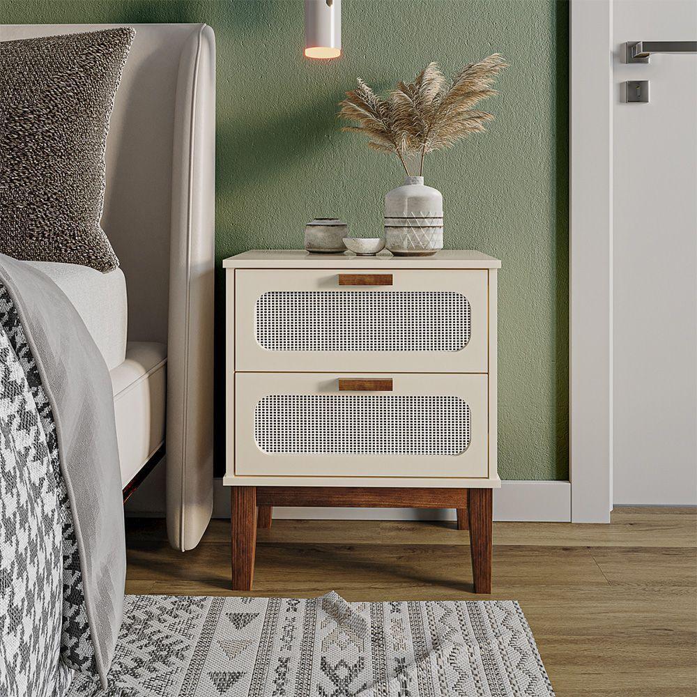 Mesa De Cabeceira Classica Criado Industrial Mdf Santorini 45 Cm Com Tela Indiana Off White - 1