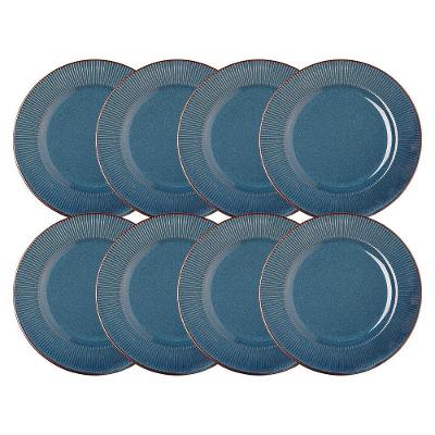 Jogo 8 Prato Raso De Jantar Ceramica Azul Linear Rústico 27cm Lyor
