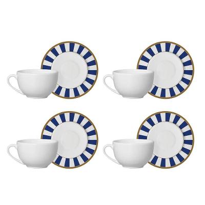 Jogo 4 Xícaras De Café Com Pires Stripe Azul Cerâmica Alleanza 80ml
