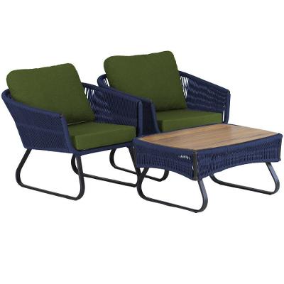 2 Poltronas Milão Em Alumínio E Mesa Trama Original Azul Marinho