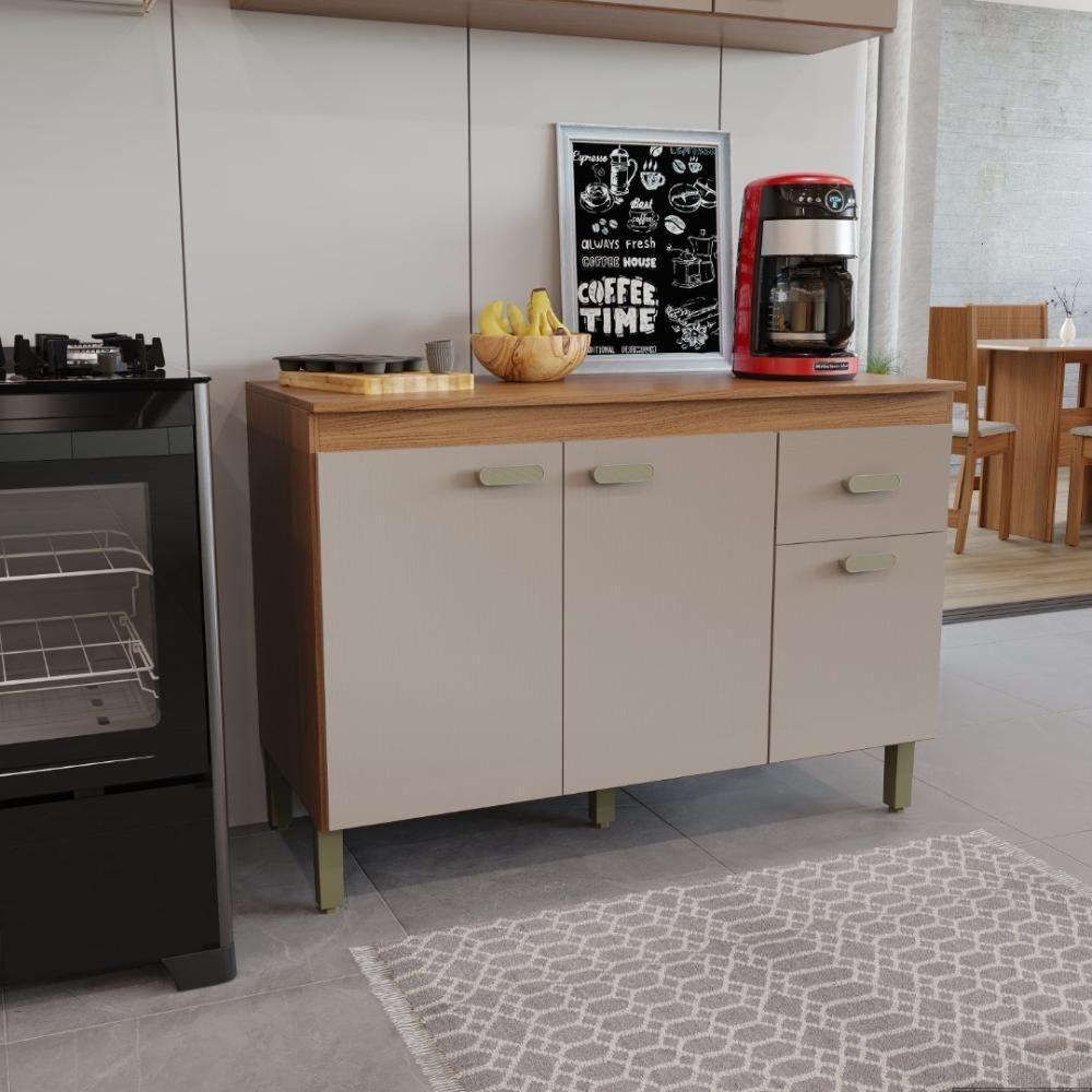 Balcão Modulado Para Cozinha Com Tampo Fidelitá Mariana 120cm 3 Portas 1 Gaveta Freijó/camurça - 1