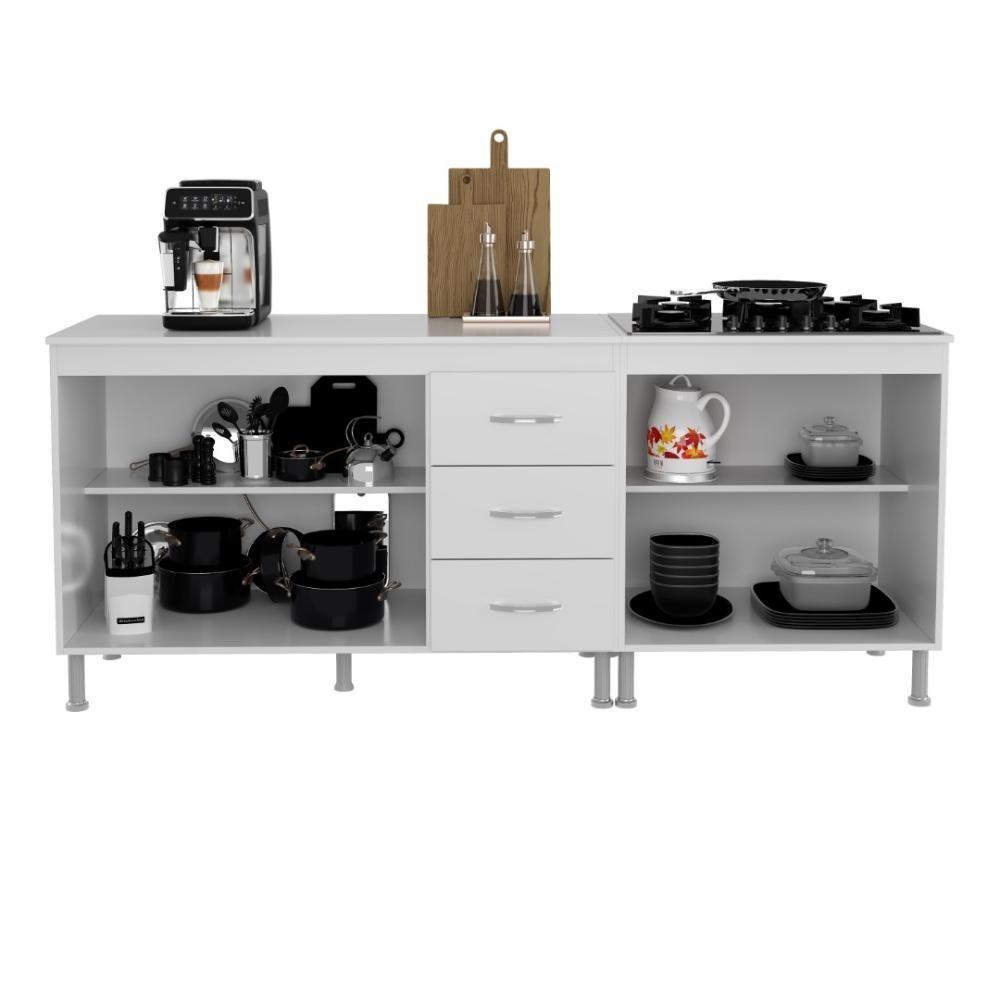 Kit 2 Balcões Modulados Gabinete Pia 120cm E Cooktop 70cm Com Tampo Viena Branco - 3