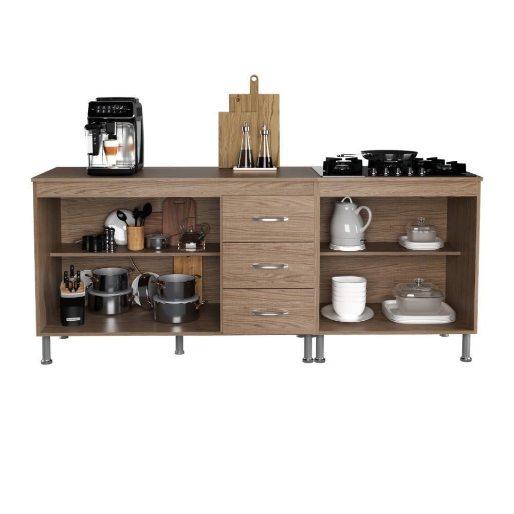 Kit 2 Balcões Modulados Gabinete Pia 120cm E Cooktop 70cm Com Tampo Paris Fidelitá Nogal/salinas - 3