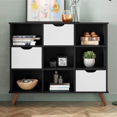 Conjunto Nicho Organizador Zuri 9 Espaços Retrô Preto + Kit 3 Gavetas Brancas