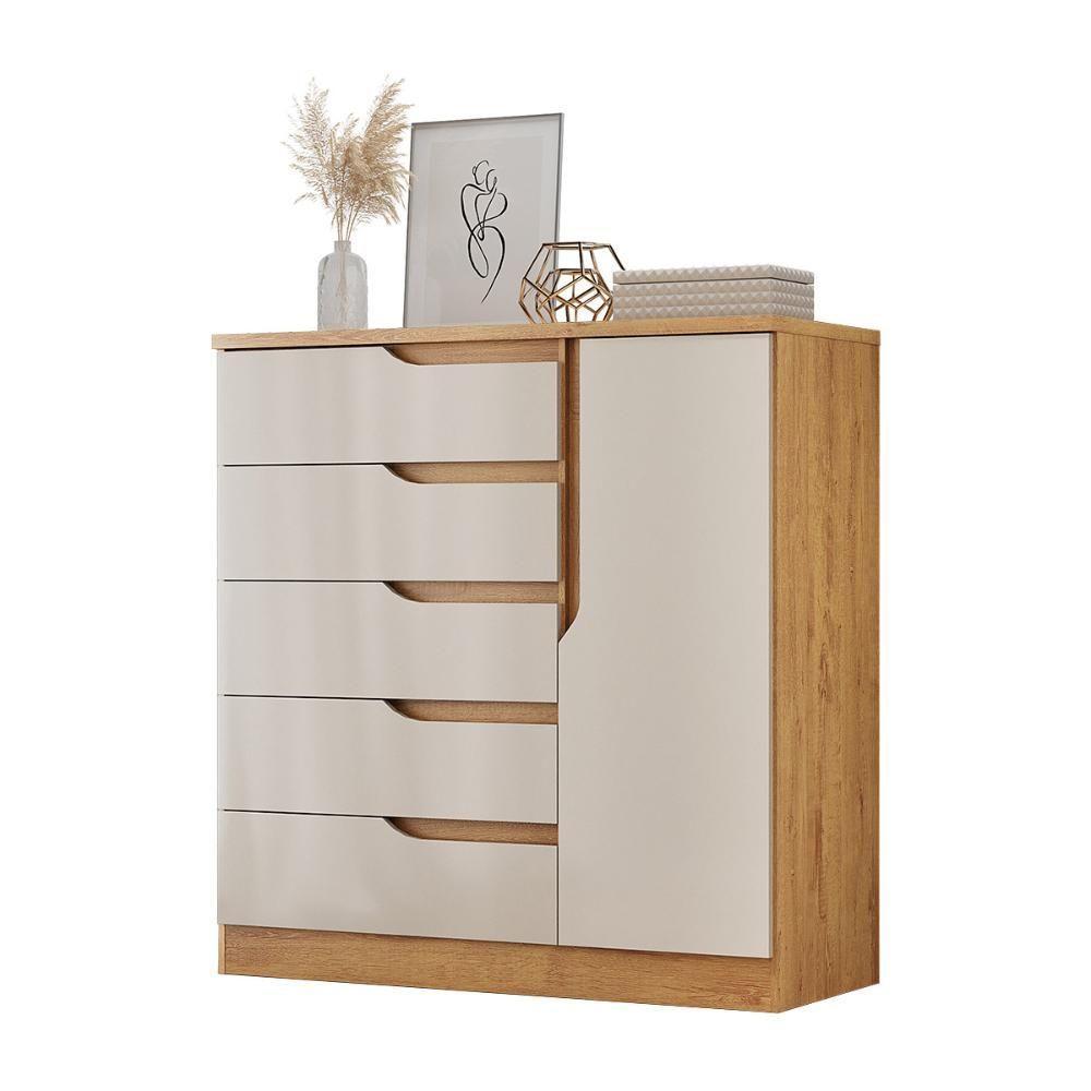Comoda Paris Quarto Com 5 Gavetas E 1 Porta Canelato/off White - 1