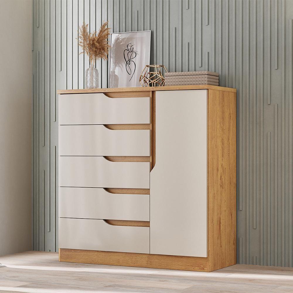 Comoda Paris Quarto Com 5 Gavetas E 1 Porta Canelato/off White - 2