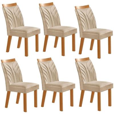 Conjunto De 6 Cadeiras Veneza Com Tecido Linho Encosto Alto Bege Claro/cinamomo