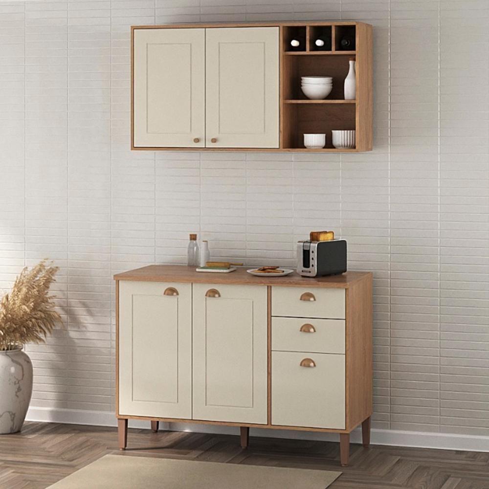 Conjunto Cozinha Tunísia 120cm 5 Portas Com Aéreo E Balcão Canelato/off White - 2