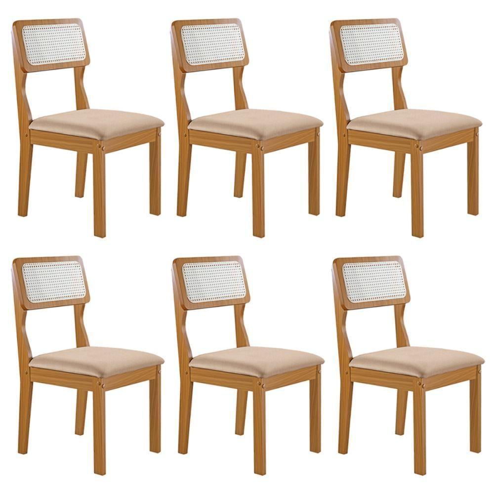 Conjunto De 6 Cadeiras Agata Retrô Com Estofado Em Linho Bege Claro/cinamomo - 1