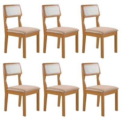 Conjunto De 6 Cadeiras Agata Retrô Com Estofado Em Linho Bege Claro/cinamomo