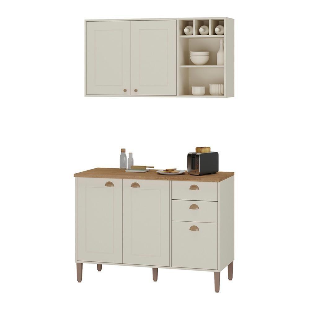 Conjunto Cozinha Tunísia 120cm 5 Portas Com Aéreo E Balcão Off White/canelato - 1