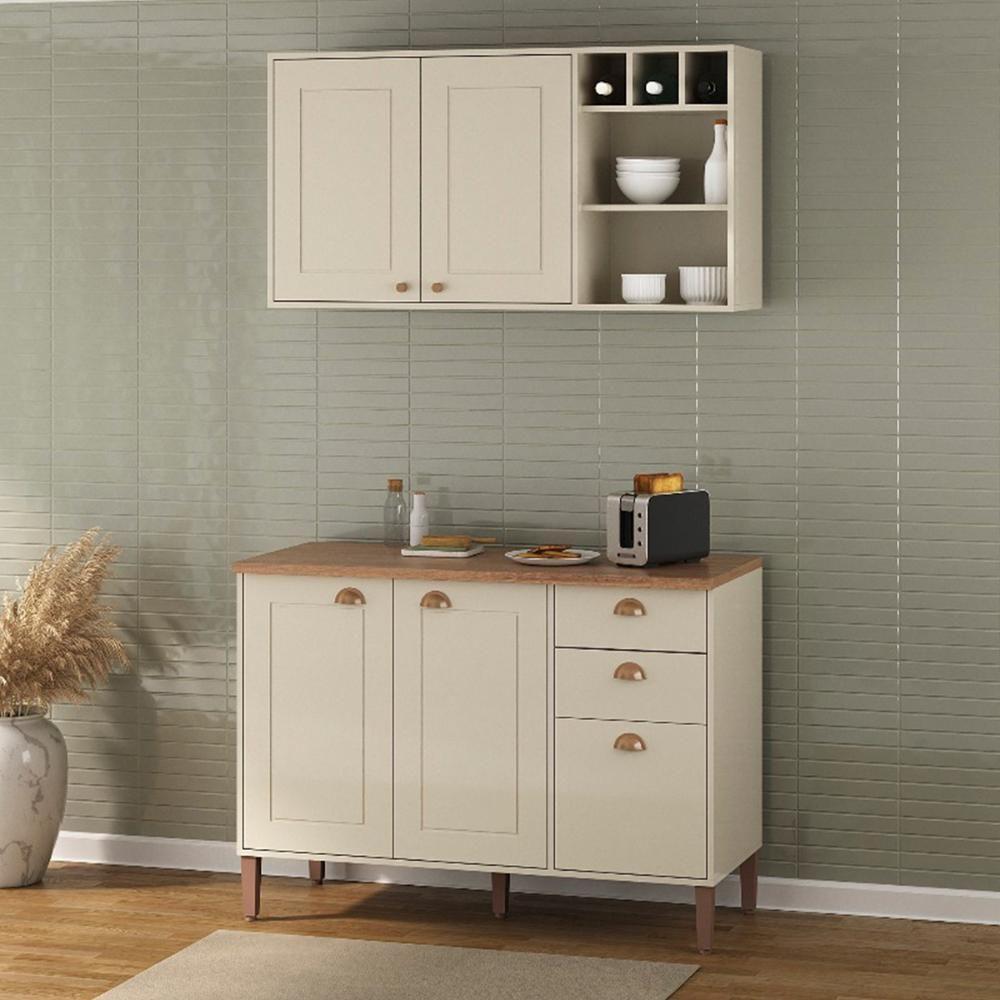 Conjunto Cozinha Tunísia 120cm 5 Portas Com Aéreo E Balcão Off White/canelato - 2