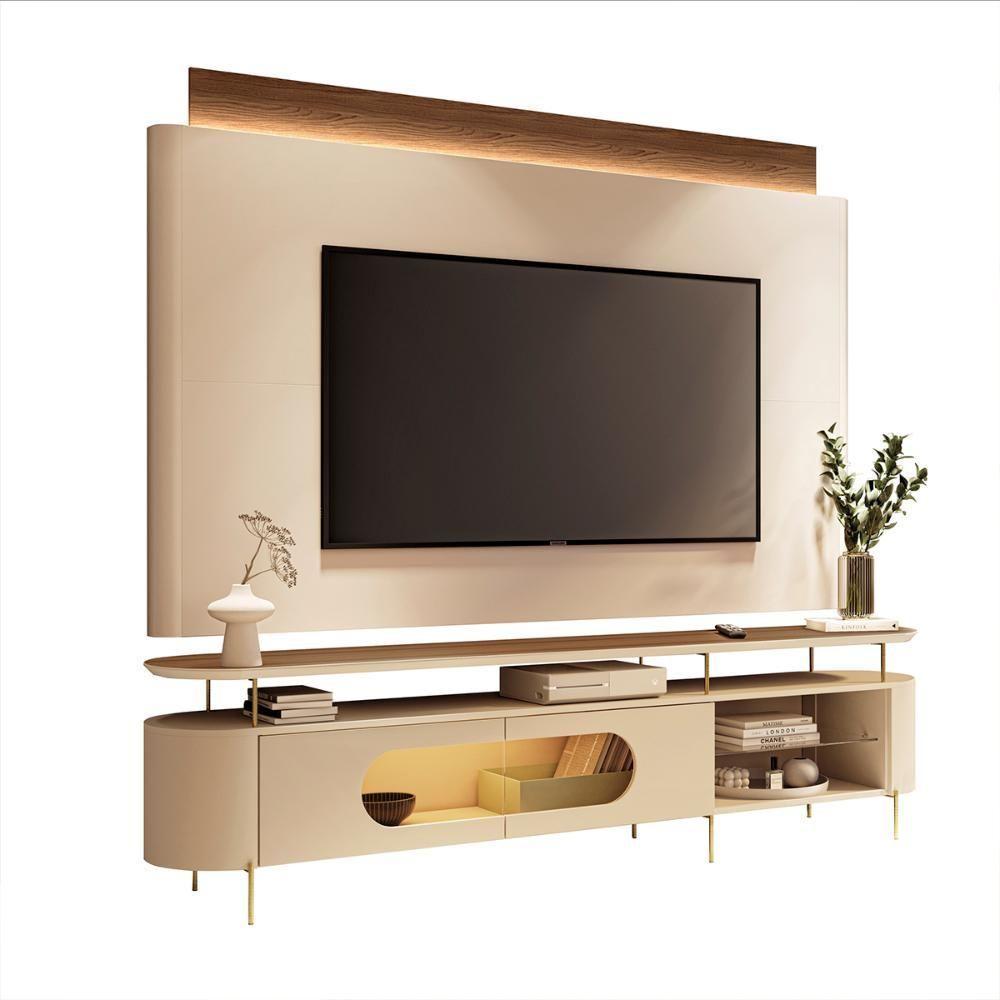 Conjunto Bancada Aria E Painel Nobre Led Para Tv Até 85” Off White/castanho - 1