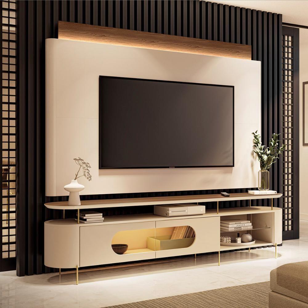 Conjunto Bancada Aria E Painel Nobre Led Para Tv Até 85” Off White/castanho - 2