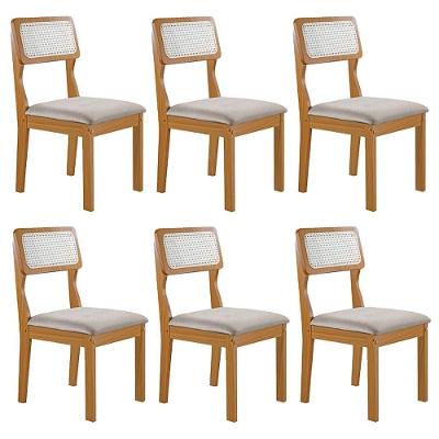 Conjunto De 6 Cadeiras Agata Retrô Com Estofado Em Linho Cinza Claro/cinamomo