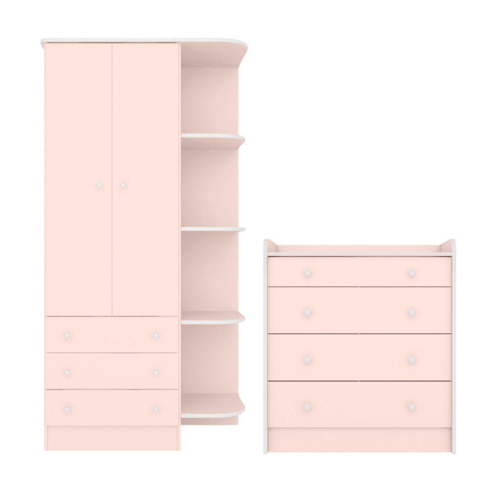 Conjunto Aurora Rosa Acetinado: Cômoda Aurora 4 Gavetas + Guarda-roupa Infantil Aurora 2 Portas - 2