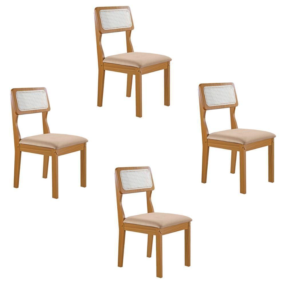 Conjunto De 4 Cadeiras Agata Retrô Com Estofado Em Linho Bege Claro/cinamomo - 1