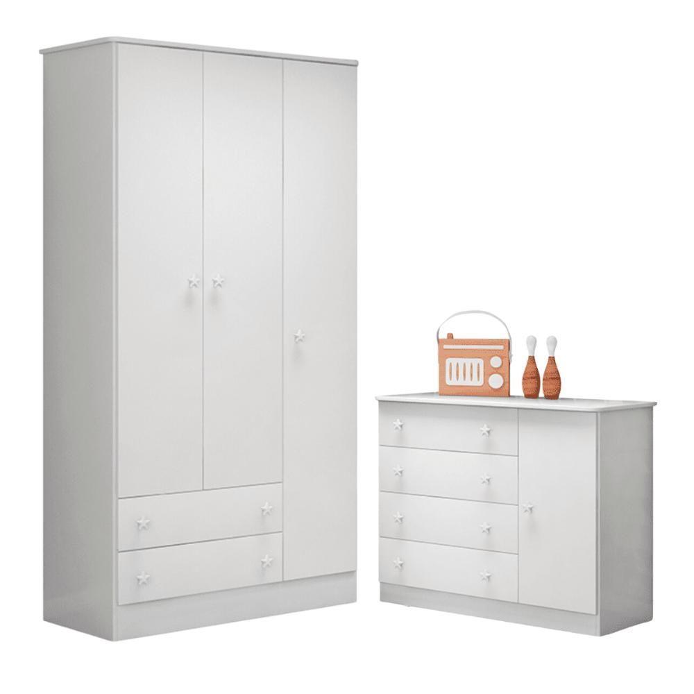 Conjunto Aurora Branco-branco: Cômoda Sapateira Aurora + Guarda-roupa Aurora 3 Portas E 2 Gavetas - 3
