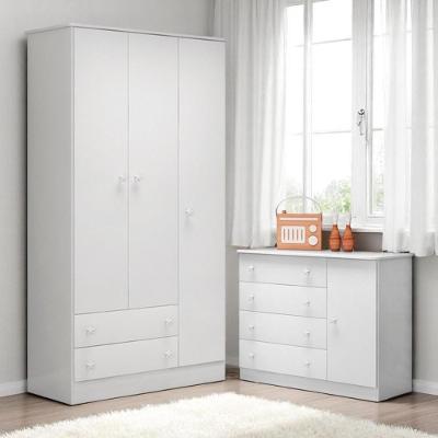 Conjunto Aurora Branco-branco: Cômoda Sapateira Aurora + Guarda-roupa Aurora 3 Portas E 2 Gavetas