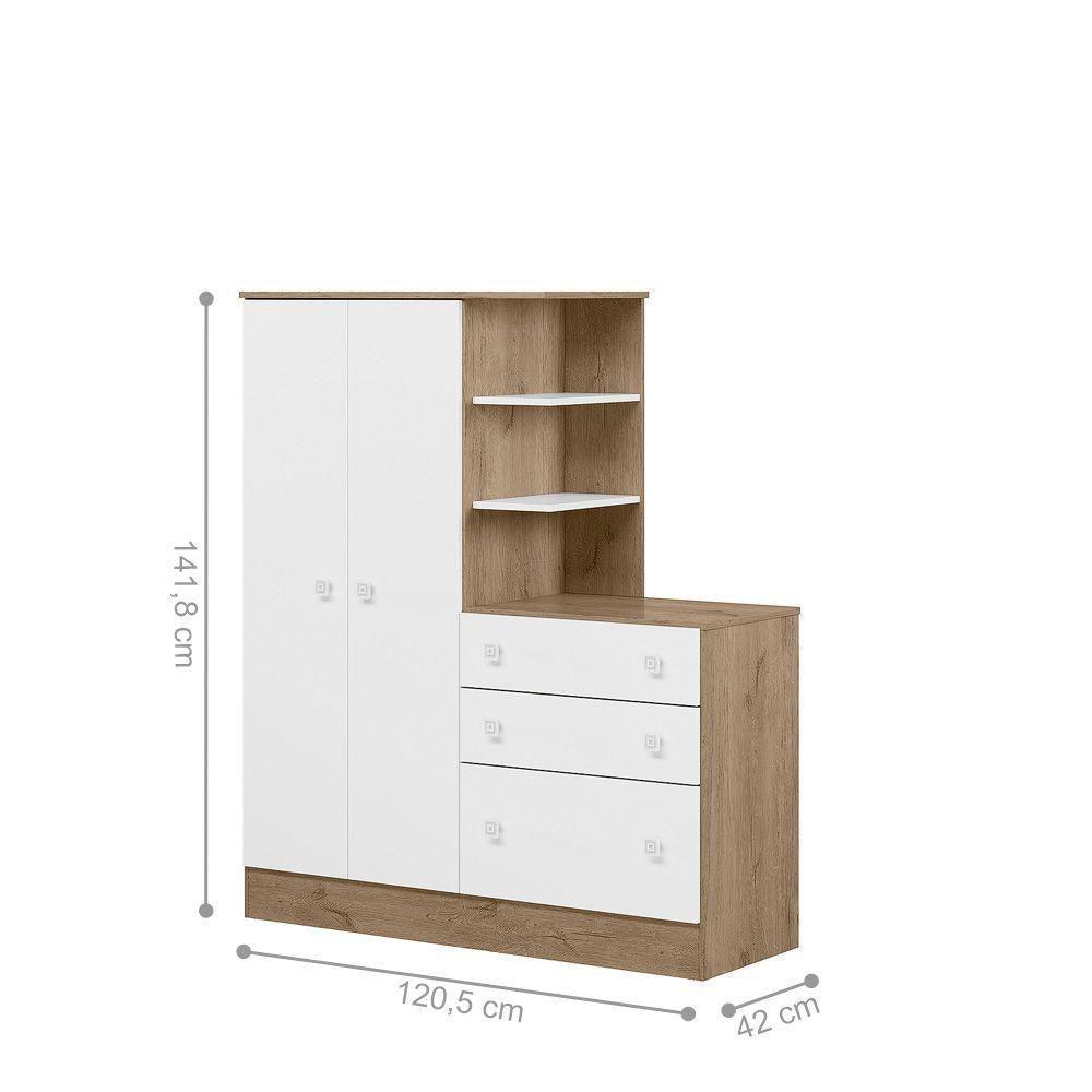 Guarda-roupa Aurora 2 Portas Com Cômoda 3 Gaveteiro Carv Toq Rústico-branco - 2