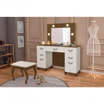 Penteadeira Camarim Com Espelho E Led Com Gaveta E Banqueta Seul Malbec - Off White - Luapa