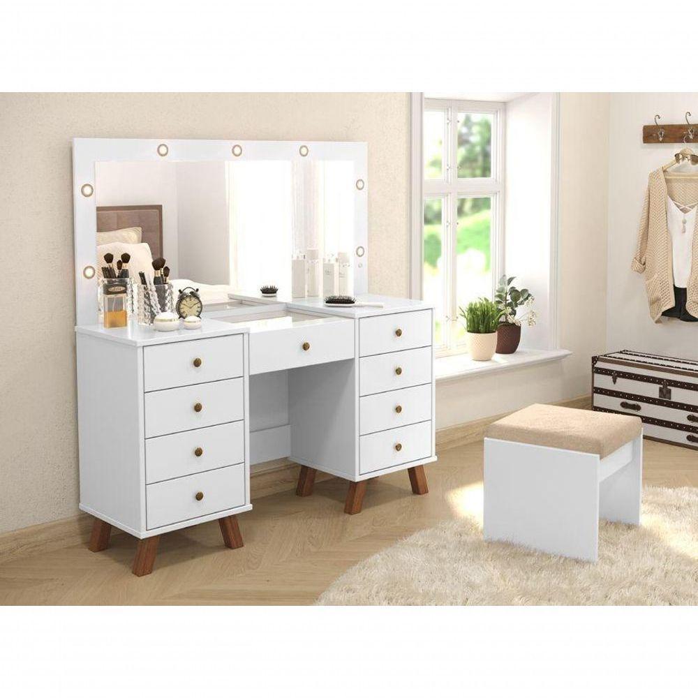 Penteadeira Com Espelho E Leds Eloá Branca Com Banqueta Patrimar - 1
