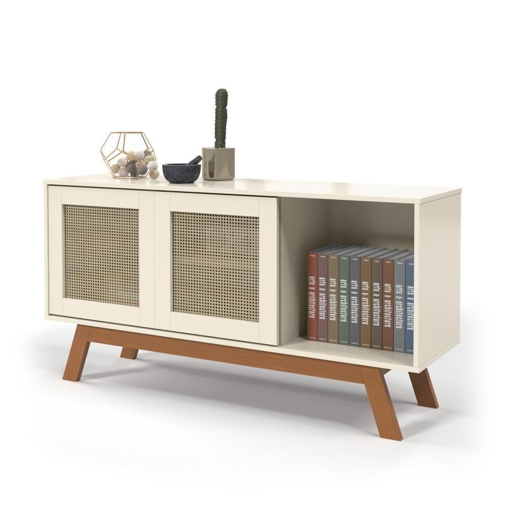 Rack Buffet Com Duas Porta De Correr Rattan Pés Em Madeira Off White - Ofertamo - 3