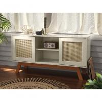 Rack Buffet Com Duas Porta De Correr Rattan Pés Em Madeira Off White - Ofertamo - 1