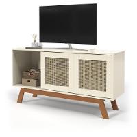Rack Buffet Com Duas Porta De Correr Rattan Pés Em Madeira Off White - Ofertamo - 2