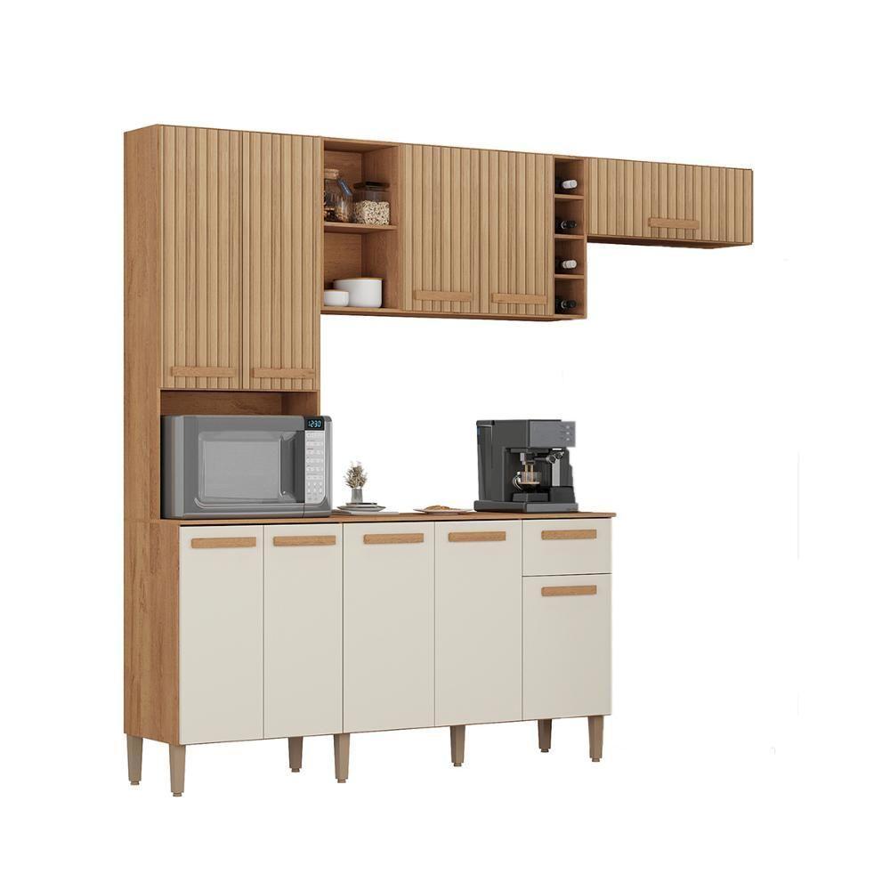 Armario Cozinha Com Balcão Ravena Com 10 Portas E 1 Gaveta Canelato+3d Canelato/off White - 1