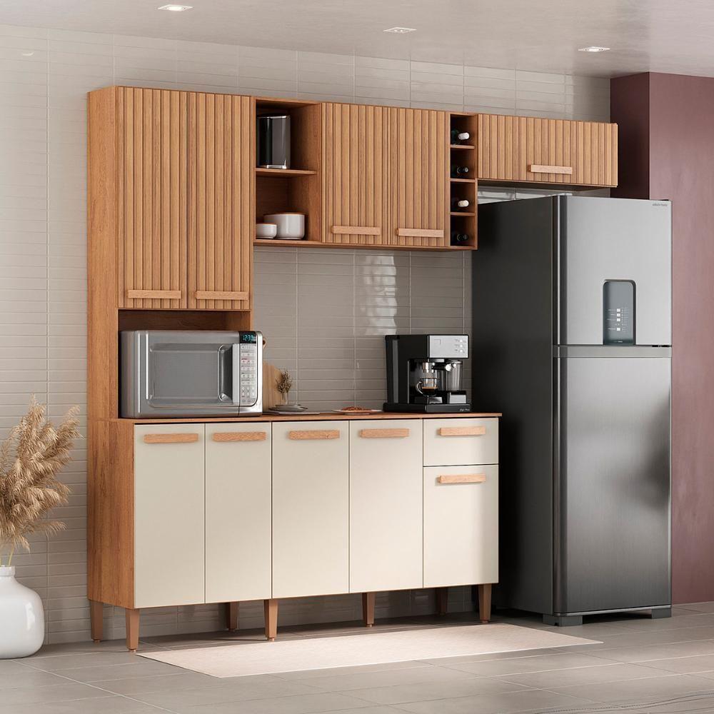 Armario Cozinha Com Balcão Ravena Com 10 Portas E 1 Gaveta Canelato+3d Canelato/off White - 2