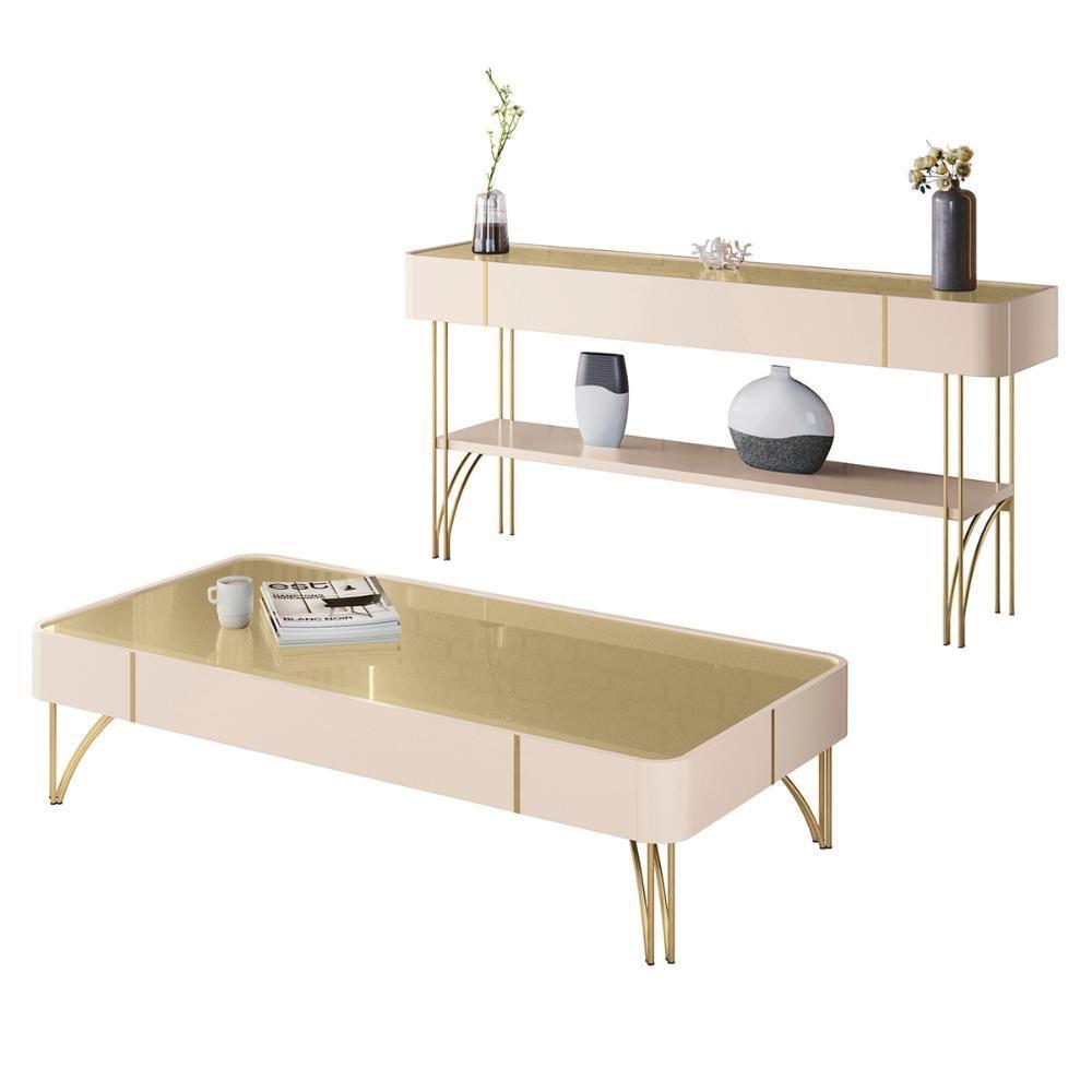 Aparador Buffet Vivant E Mesa De Centro Cadenza Pés Em Aço Off White/champanhe - 1